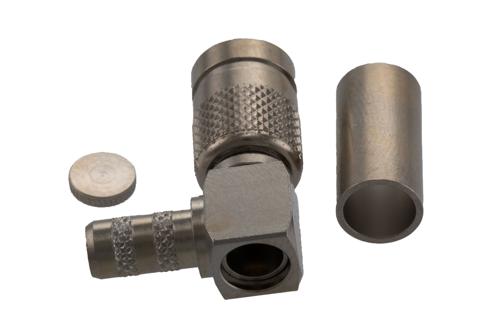 1.0/2.3 Male Right Angle Connector Crimp Attachment for LMR-195-FR, RG303, RG58, RG141, PE-C195, PE-P195, LMR-195, RG142, RG55, RG223