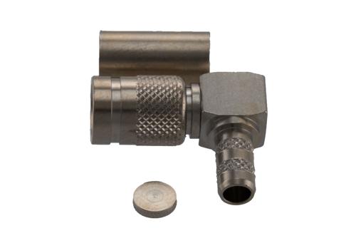 1.0/2.3 Male Right Angle Connector Crimp Attachment for LMR-195-FR, RG303, RG58, RG141, PE-C195, PE-P195, LMR-195, RG142, RG55, RG223