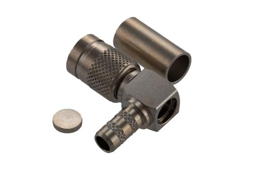 1.0/2.3 Male Right Angle Connector Crimp Attachment for LMR-195-FR, RG303, RG58, RG141, PE-C195, PE-P195, LMR-195, RG142, RG55, RG223