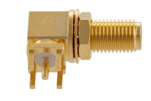 SMA Female Right Angle Bulkhead Mount Connector Solder Attachment Thru Hole PCB, .256 inch Diameter, IP68 mated