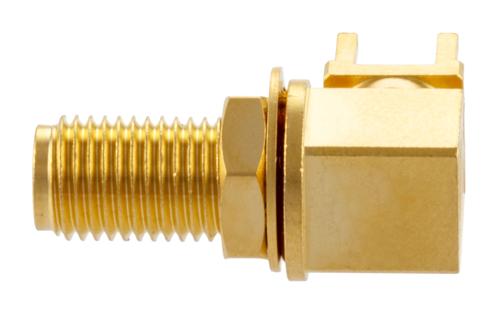 SMA Female Right Angle Bulkhead Mount Connector Solder Attachment Thru Hole PCB, .256 inch Diameter, IP68 mated