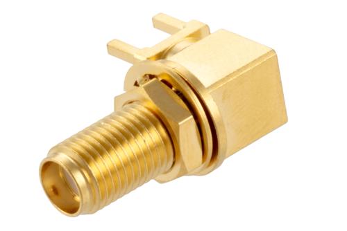 SMA Female Right Angle Bulkhead Mount Connector Solder Attachment Thru Hole PCB, .256 inch Diameter, IP68 mated