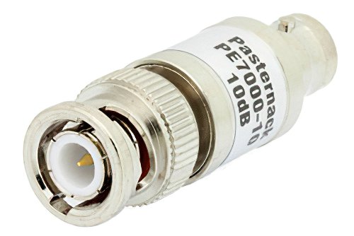 10 dB Fixed Attenuator, BNC Male to BNC Female Brass Nickel Body Rated to 1 Watt Up to 2 GHz