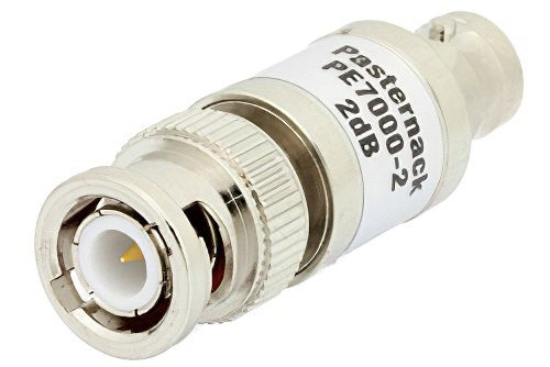 2 dB Fixed Attenuator, BNC Male to BNC Female Brass Nickel Body Rated to 1 Watt Up to 2 GHz
