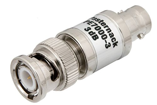 3 dB Fixed Attenuator, BNC Male to BNC Female Brass Nickel Body Rated to 1 Watt Up to 2 GHz