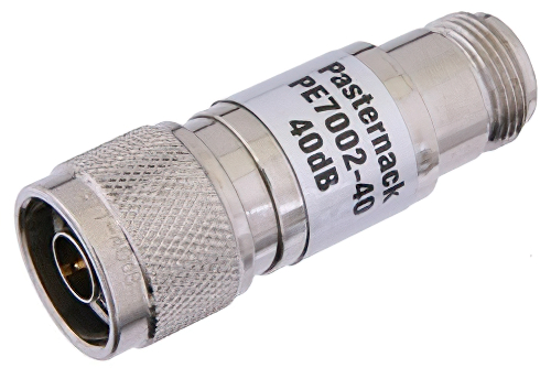 40 dB Fixed Attenuator, N Male to N Female Brass Nickel Body Rated to 1 Watt Up to 3 GHz