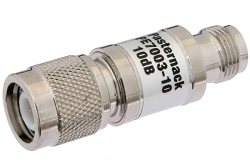 10 dB Fixed Attenuator, TNC Male to TNC Female Brass Nickel Body Rated to 1 Watt Up to 2 GHz