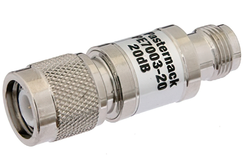 20 dB Fixed Attenuator, TNC Male to TNC Female Brass Nickel Body Rated to 1 Watt Up to 2 GHz
