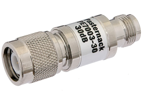 30 dB Fixed Attenuator, TNC Male to TNC Female Brass Nickel Body Rated to 1 Watt Up to 2 GHz