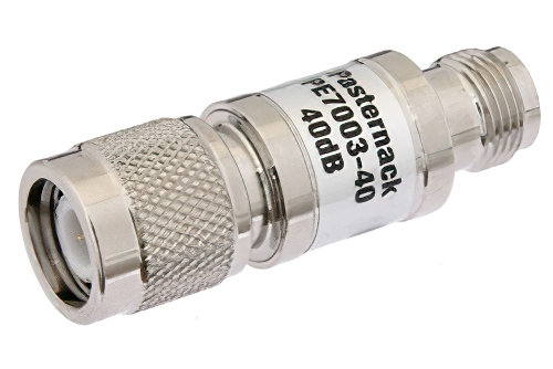 40 dB Fixed Attenuator, TNC Male to TNC Female Brass Nickel Body Rated to 1 Watt Up to 2 GHz