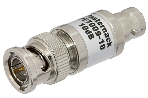 10 dB Fixed Attenuator, 75 Ohm BNC Male to 75 Ohm BNC Female Brass Nickel Body Rated to 1 Watt Up to 1,000 MHz