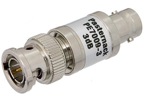3 dB Fixed Attenuator, 75 Ohm BNC Male to 75 Ohm BNC Female Brass Nickel Body Rated to 1 Watt Up to 1,000 MHz