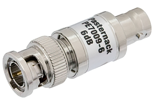 6 dB Fixed Attenuator, 75 Ohm BNC Male to 75 Ohm BNC Female Brass Nickel Body Rated to 1 Watt Up to 1,000 MHz