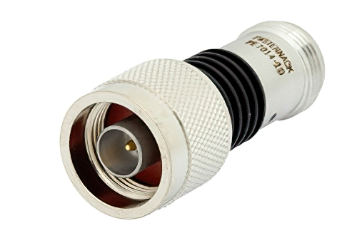 10 dB Fixed Attenuator, N Male to N Female Black Anodized Aluminum Heatsink Body Rated to 5 Watts Up to 18 GHz