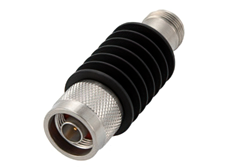 30 dB Fixed Attenuator, N Male to N Female Black Anodized Aluminum Heatsink Body Rated to 10 Watts Up to 18 GHz