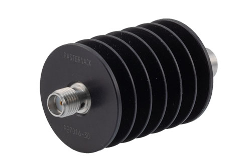 30 dB Fixed Attenuator, SMA Male to SMA Female Black Anodized Aluminum Heatsink Body Rated to 10 Watts Up to 18 GHz