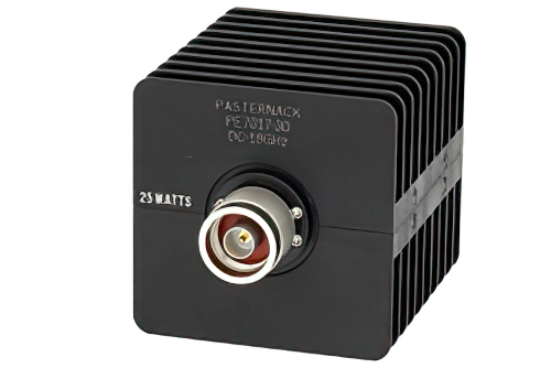 30 dB Fixed Attenuator, N Male to N Female Black Anodized Aluminum Heatsink Body Rated to 25 Watts Up to 18 GHz