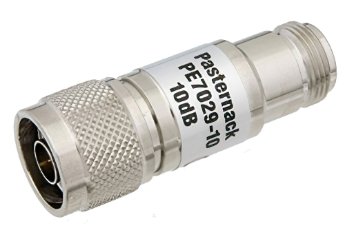 10 dB Fixed Attenuator, 75 Ohm N Male to 75 Ohm N Female Brass Nickel Body Rated to 1 Watt Up to 1,000 MHz