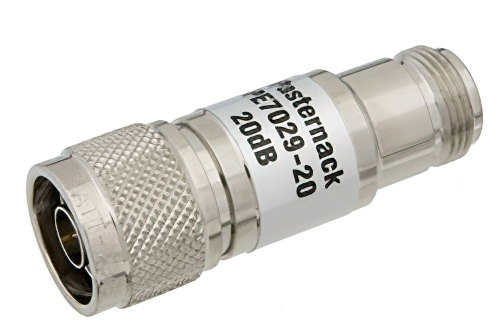 20 dB Fixed Attenuator, 75 Ohm N Male to 75 Ohm N Female Brass Nickel Body Rated to 1 Watt Up to 1,000 MHz