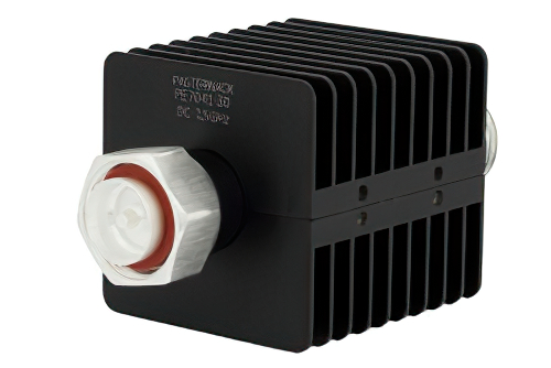 30 dB Fixed Attenuator, 7/16 DIN Male to 7/16 DIN Female Black Anodized Aluminum Heatsink Body Rated to 25 Watts Up to 7.5 GHz