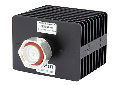 40 dB Fixed Attenuator, 7/16 DIN Male To 7/16 DIN Female Directional Black Anodized Aluminum Heatsink Body Rated To 50 Watts Up To 7.5 GHz