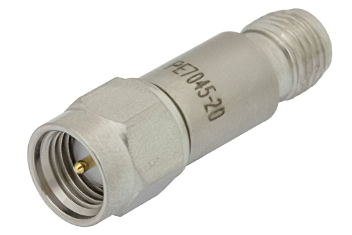 20 dB Fixed Attenuator, SMA Male to SMA Female Passivated Stainless Steel Body Rated to 2 Watts Up to 12.4 GHz