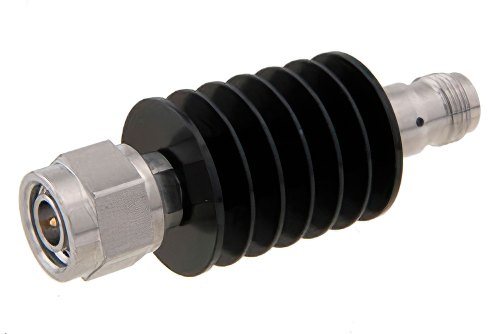40 dB Fixed Attenuator, TNC Male to TNC Female Black Anodized Aluminum Heatsink Body Rated to 10 Watts Up to 18 GHz