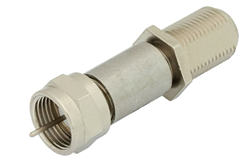 10 dB DC Bias Attenuator, 75 Ohm F Male to 75 Ohm F Female Brass Nickel Body Rated to 2 Watts from 500 MHz to 2 GHz