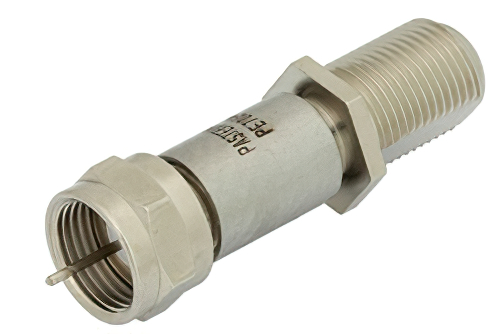 6 dB DC Bias Attenuator, 75 Ohm F Male to 75 Ohm F Female Brass Nickel Body Rated to 2 Watts from 500 MHz to 2 GHz