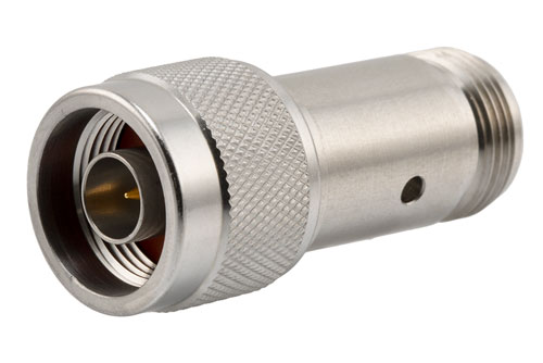 3 dB Fixed Attenuator, N Male to N Female Passivated Stainless Steel Body Rated to 2 Watts Up to 18 GHz