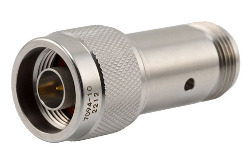 10 dB Fixed Attenuator, N Male to N Female Passivated Stainless Steel Body Rated to 2 Watts Up to 18 GHz