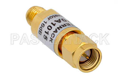 16 dB Fixed Attenuator, SMA Male to SMA Female Brass Body Rated to 2 Watts From 0.009 MHz to 6 GHz