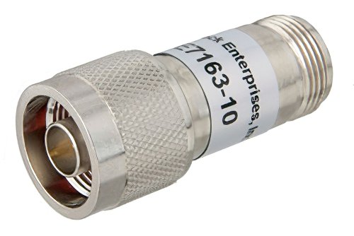 10 dB Fixed Attenuator, N Male To N Female Brass Nickel Body Rated To 1 Watt Up To 2 GHz