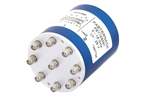 SP8T Electromechanical Relay Latching Switch, Terminated, DC to 18 GHz, up to 240W, 28V Self Cut Off, Auto Reset, Indicators, Diodes, SMA