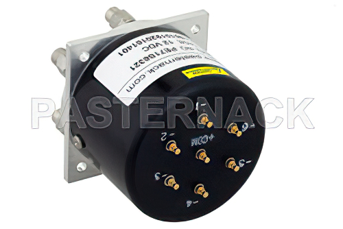 SP6T Electromechanical Relay Latching Switch, Terminated, DC to 40 GHz, 3W, 12V Self Cut Off, Indicators, Reset, 2.92mm