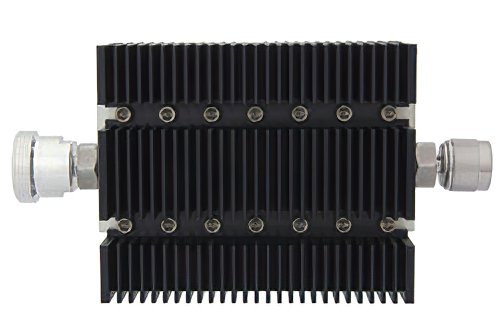 10 dB Fixed Attenuator, 7/16 DIN Female To N Male Directional Black Anodized Aluminum Heatsink Body Rated To 100 Watts Up To 6 GHz
