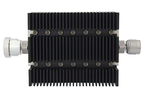 60 dB Fixed Attenuator, 7/16 DIN Female To N Male Directional Black Anodized Aluminum Heatsink Body Rated To 100 Watts Up To 6 GHz