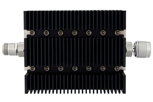 50 dB Fixed Attenuator, N Female To N Male Directional Black Anodized Aluminum Heatsink Body Rated To 100 Watts Up To 6 GHz