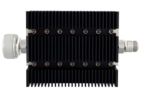 30 dB Fixed Attenuator, 7/16 DIN Male To N Female Directional Black Anodized Aluminum Heatsink Body Rated To 100 Watts Up To 6 GHz