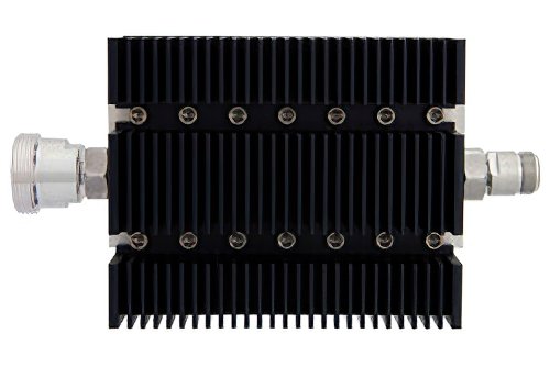 30 dB Fixed Attenuator, 7/16 DIN Female To N Female Directional Black Anodized Aluminum Heatsink Body Rated To 100 Watts Up To 6 GHz