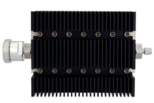 40 dB Fixed Attenuator, 7/16 DIN Female To SMA Male Directional Black Anodized Aluminum Heatsink Body Rated To 100 Watts Up To 6 GHz