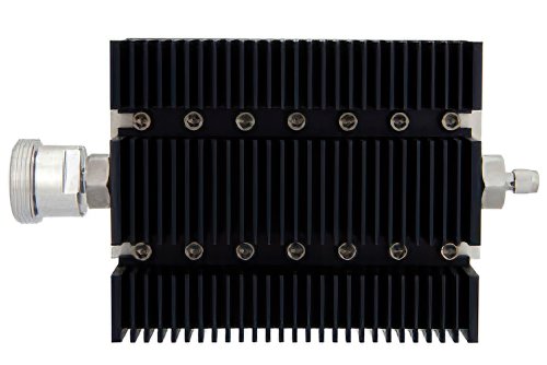 50 dB Fixed Attenuator, 7/16 DIN Female To SMA Male Directional Black Anodized Aluminum Heatsink Body Rated To 100 Watts Up To 6 GHz
