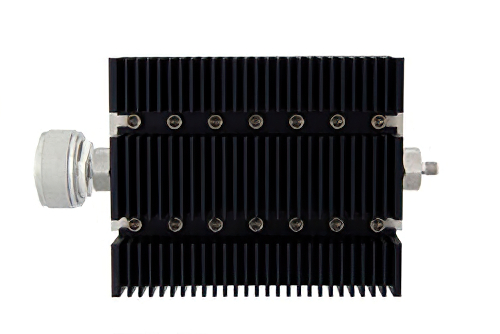 50 dB Fixed Attenuator, 7/16 DIN Male To SMA Female Directional Black Anodized Aluminum Heatsink Body Rated To 100 Watts Up To 6 GHz