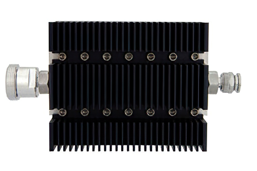 10 dB Fixed Attenuator, 7/16 DIN Female To TNC Male Directional Black Anodized Aluminum Heatsink Body Rated To 100 Watts Up To 6 GHz