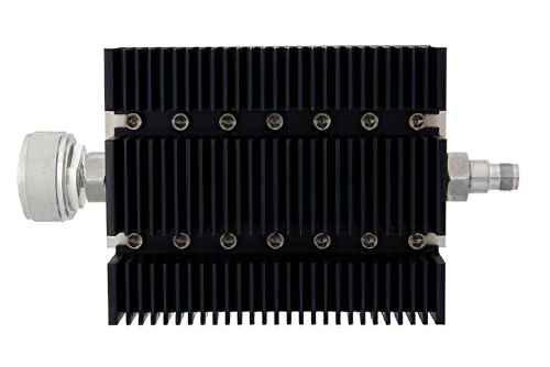 50 dB Fixed Attenuator, 7/16 DIN Male To TNC Female Directional Black Anodized Aluminum Heatsink Body Rated To 100 Watts Up To 6 GHz