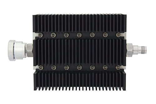 10 dB Fixed Attenuator, 7/16 DIN Female To TNC Female Directional Black Anodized Aluminum Heatsink Body Rated To 100 Watts Up To 6 GHz