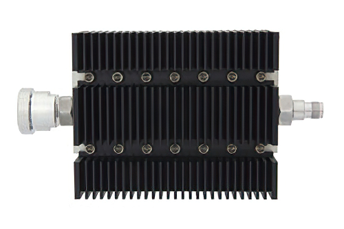 6 dB Fixed Attenuator, 7/16 DIN Female To TNC Female Directional Black Anodized Aluminum Heatsink Body Rated To 100 Watts Up To 6 GHz