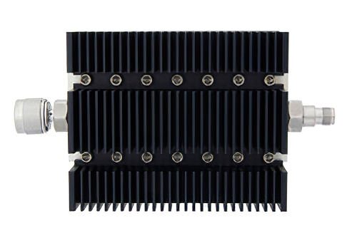 50 dB Fixed Attenuator, N Male To TNC Female Directional Black Anodized Aluminum Heatsink Body Rated To 100 Watts Up To 6 GHz