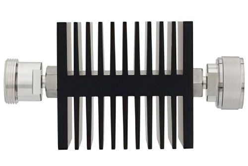 50 dB Fixed Attenuator, 7/16 DIN Female to 7/16 DIN Male Directional Black Anodized Aluminum Heatsink Body Rated to 50 Watts Up to 6 GHz
