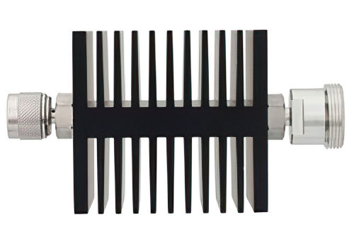20 dB Fixed Attenuator, N Male To 7/16 DIN Female Directional Black Anodized Aluminum Heatsink Body Rated To 50 Watts Up To 7.5 GHz